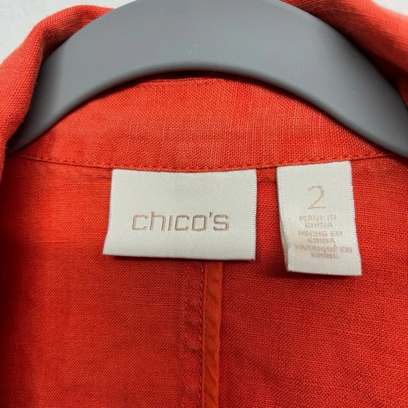 Chico’s 100% Linen Jacket Orange 2 / Medium Roll Sleeve - Picture 3 of 8